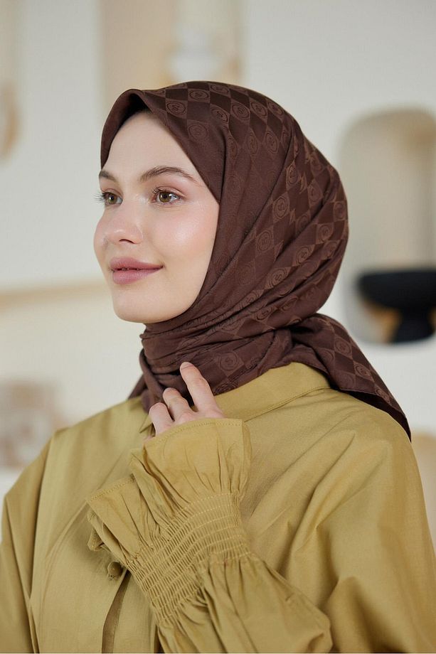 Monogram Desen Jakar Eşarp Çikolata Kahve - 6