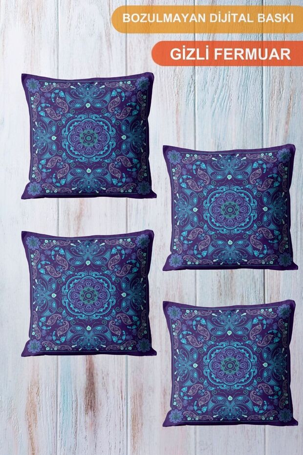 4-Piece Digital Printed Gift Throw Pillow - Uzbek Patterned Blue Tone