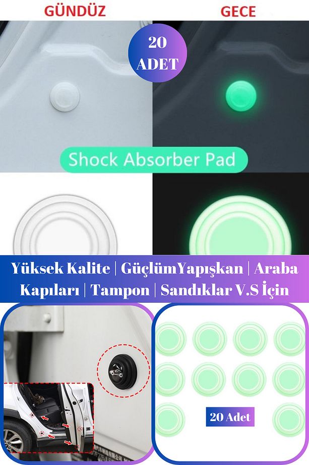 20'li  Beyaz Fosforlu Araba Kapı Tampon Bagaj  Darbe ve Ses Emici | 20 Adet Araç Dış Sistem Pad - 1