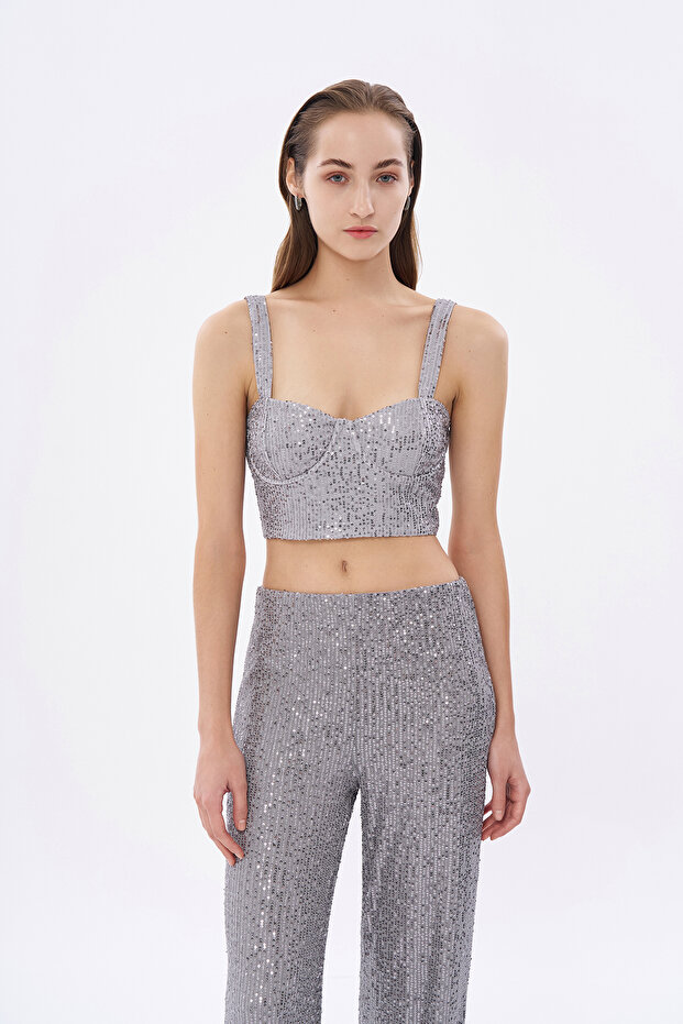 Gray Sequined Bustier Blouse - 3