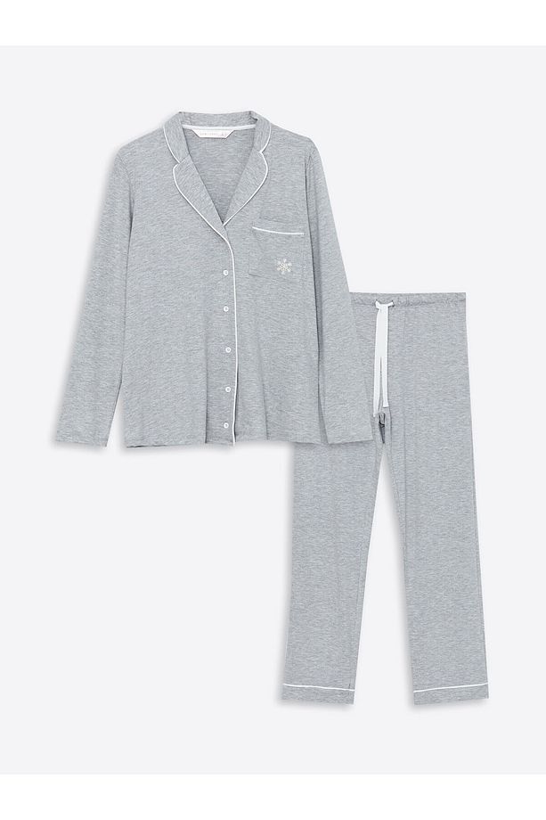 Gömlek Yaka Nakışlı Hamile Pijama Takımı - 3