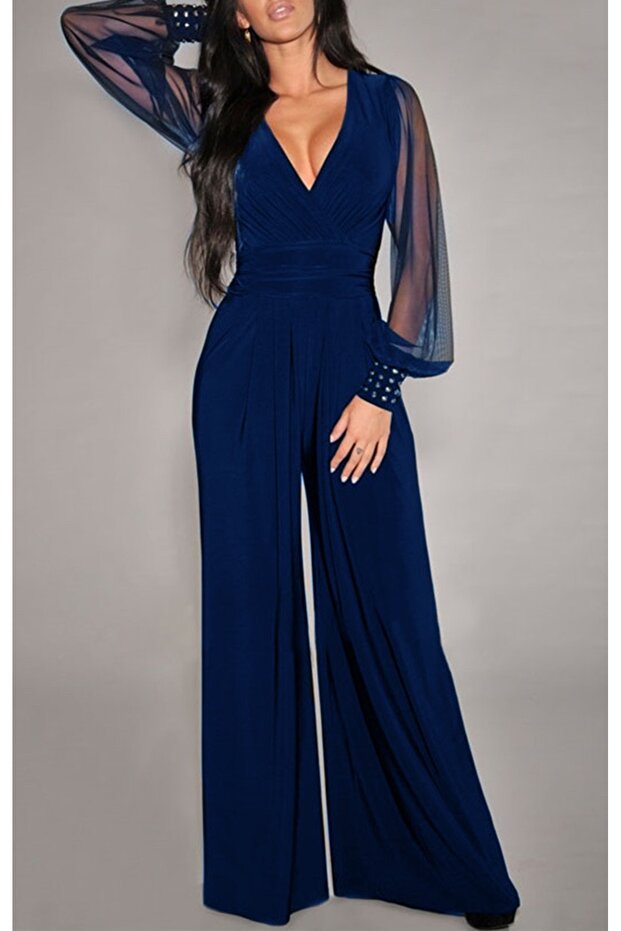 Legendary Jumpsuit with Double Breasted Neckline and Sleeves - Navy Blue