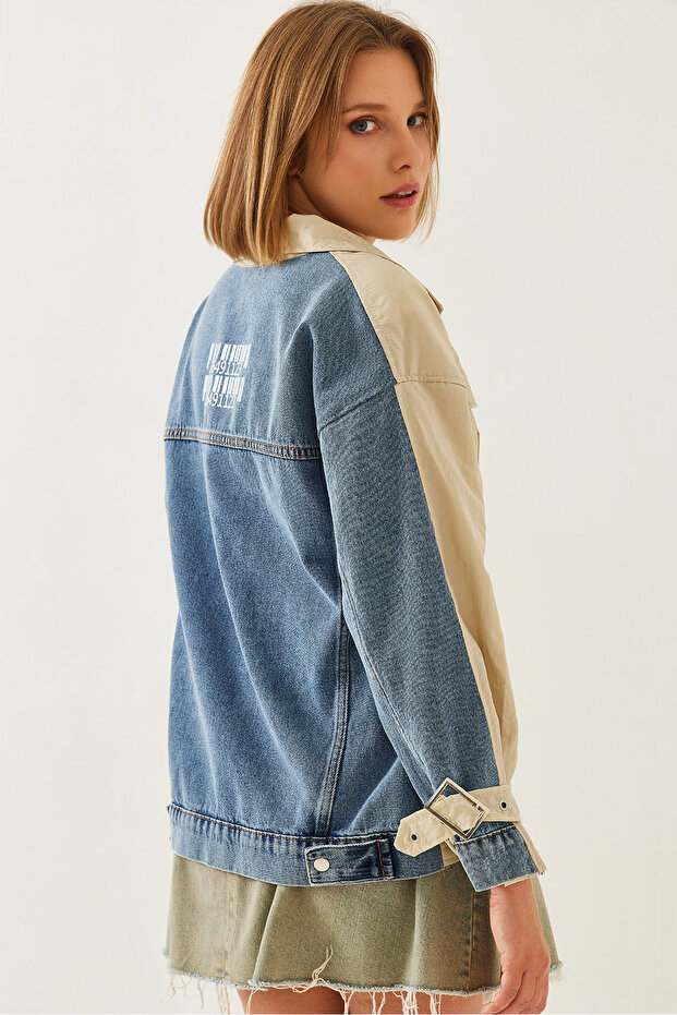 Detail dámského potisku zdobená džínová bunda 2440 60351166 - 1