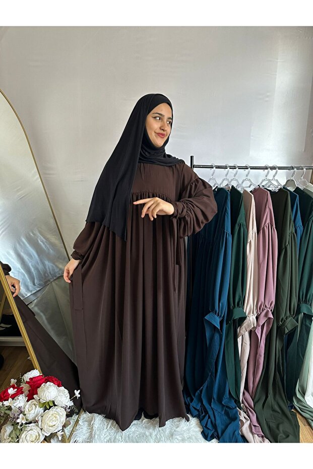 Collar Zippered Gathered Sleeve Lace-up Long Hijab Dress