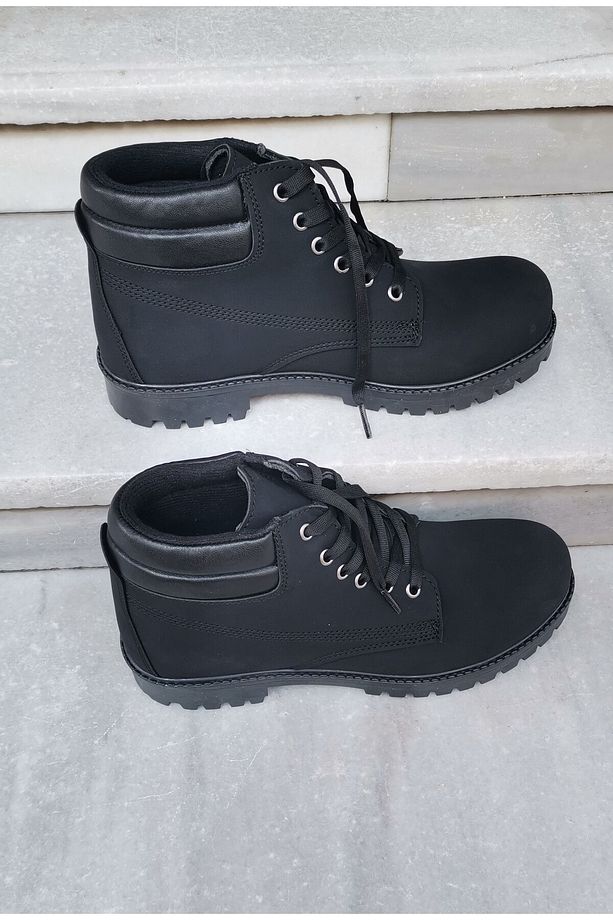 Kauçuk Taban Kürklü Bilek Boy Nubuk Deri Bağcıklı Bot Siyah - 4