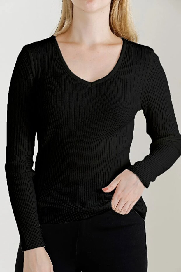 Kadın V Yaka Triko Kazak - 1