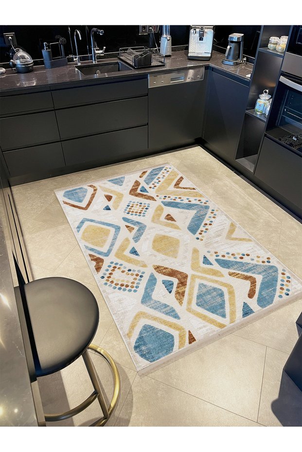 Asena Collection Yellow Blue Themed Mixed Geometric Shapes Patterned Modern Decorative Carpet 29