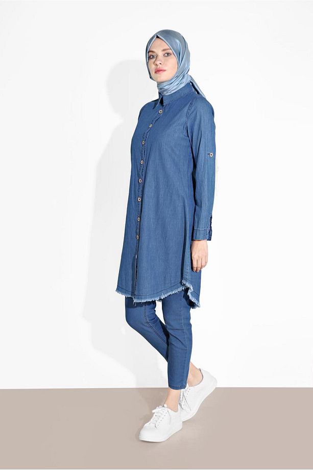 Kadın Mavi Düğmeli Denim Tunik 2765 - 2