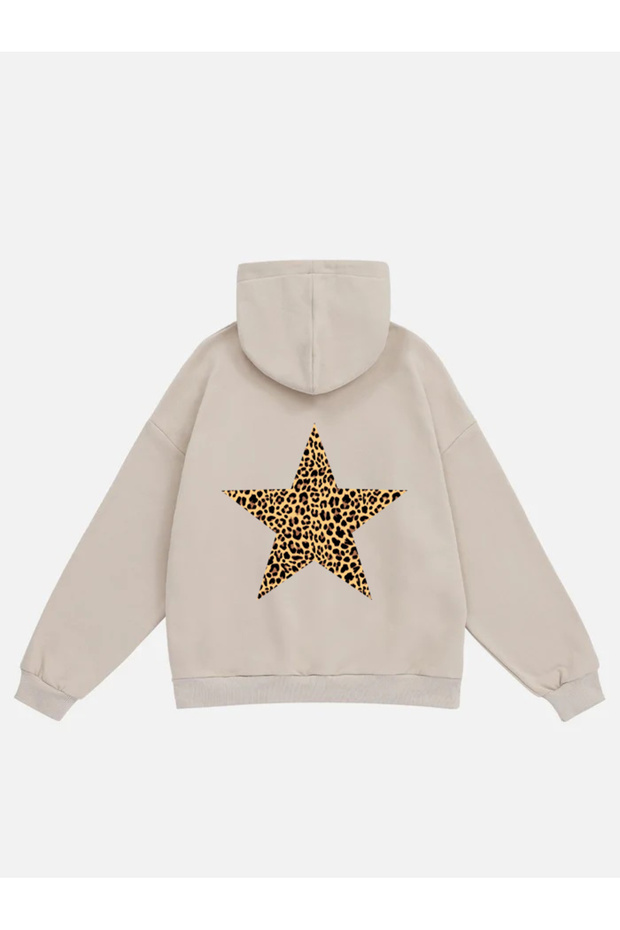 Women's Star Leopard Printed Hooded Fleece Oversize Sweatshirt
