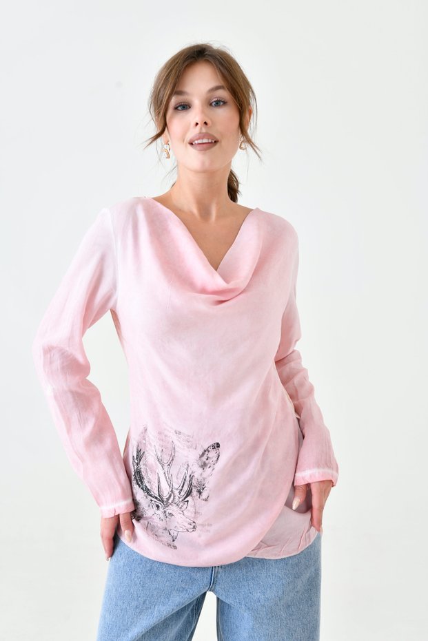 Women's Degaye Collar Deer Printed Heart Stone Print Asymmetrical Sporty Stylish Casual Curve Powder Color Blouse