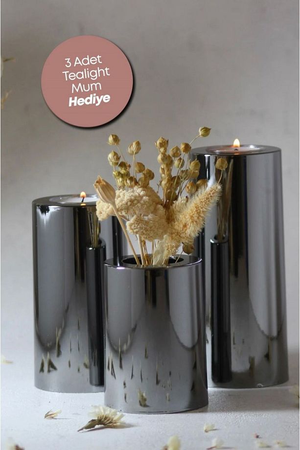 Krom Kaplama 3 Lü  Krom DÜZ Yüzey Mumluk Dekoratif Tealight Set Mum hediyeli - 1