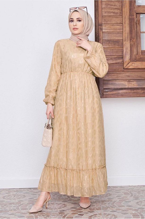 Kadın Kahve (CAMEL) Desenli Simli Elbise 6601 - 1