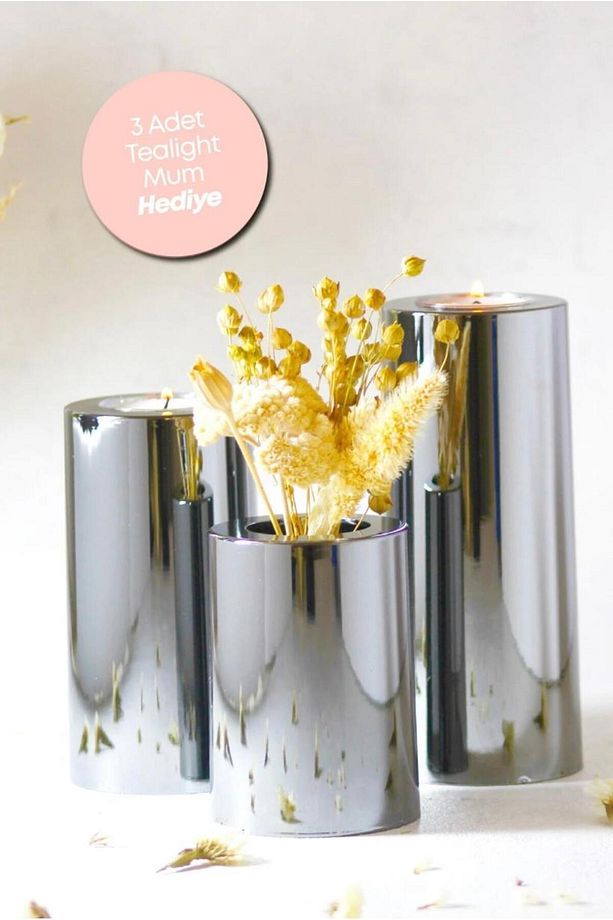 Krom Kaplama 3 Lü  Krom DÜZ Yüzey Mumluk Dekoratif Tealight Set Mum hediyeli - 1