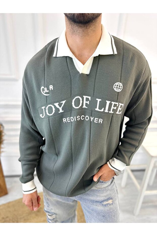 Sweater Oversize Polo Collar Patterned Knitwear Soft Textured Non-Pilling Loose Fit Embroidery Detailed Sweatshirt