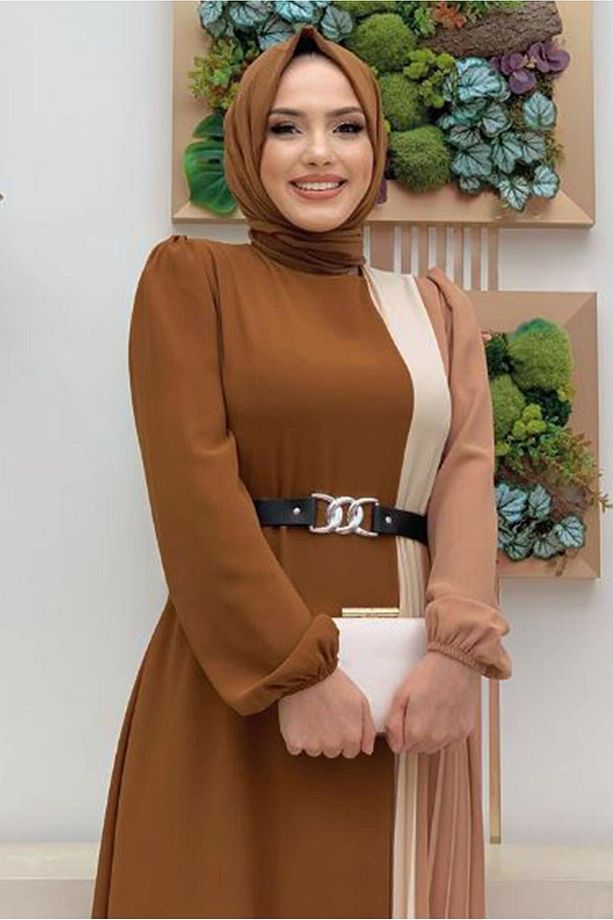 Kadın Taba Üç Renkli Piliseli Elbise T 2263 - 1