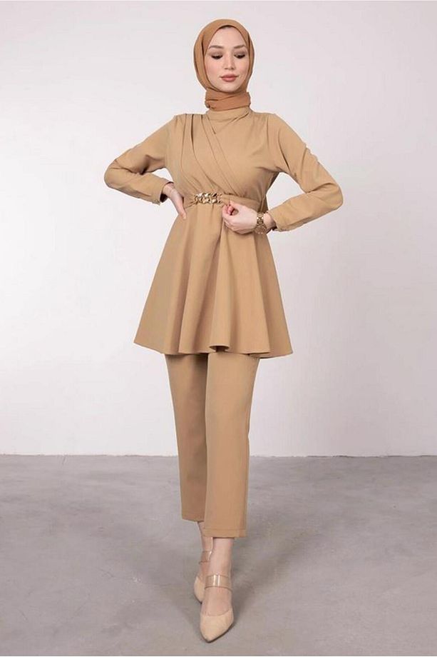 Kadın Kahve (CAMEL) Drape Detaylı Kemerli Pant. Takım T 0685 - 3