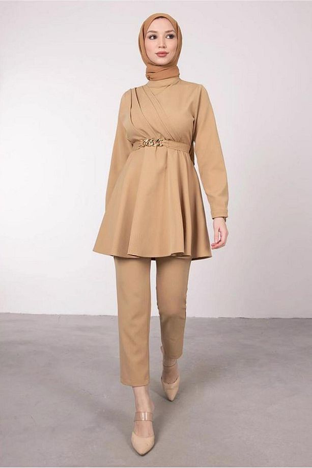 Kadın Kahve (CAMEL) Drape Detaylı Kemerli Pant. Takım T 0685 - 2