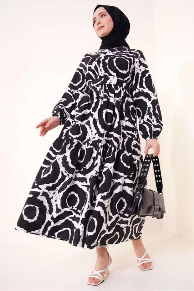 WOMEN'S BLACK PATTERNED BELLOW DRESS T 744