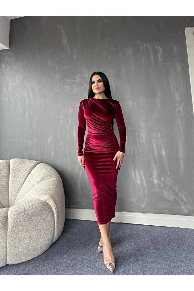 Crew Neck Draped Velvet Long Burgundy Red Dress