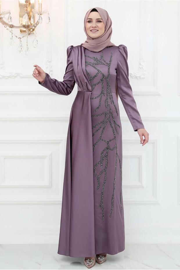 WOMEN'S PINK (ROSE) EMBROIDERY DETAILED EVENING DRESS T 3653