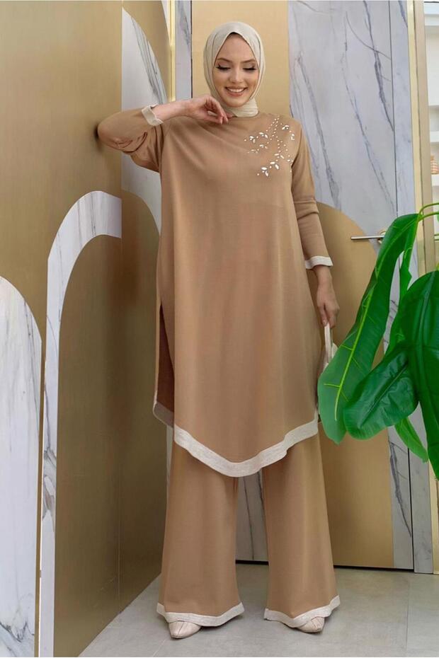 WOMEN'S TAN STONE TROUSERS Knitwear Suit T 90332