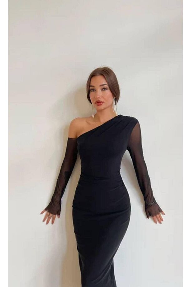 Tek Omuz Drapeli Transparan Siyah Tül Kadın Elbise - 6