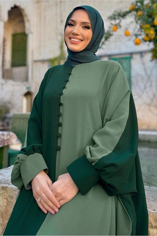 Kadın Yeşil (ZÜMRÜT) Iki Renkli Elbise T 1683 - 3