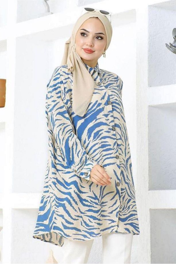 KADIN LACİVERT (İNDİGO) ZEBRA DESENLİ PAMUKLU TUNİK T 5210 - 1