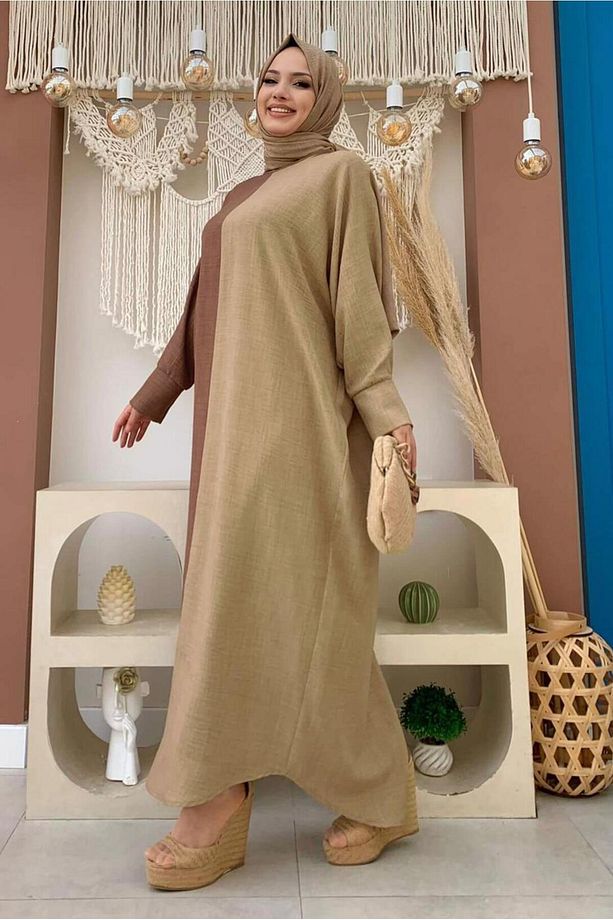 KADIN KAHVE İKİ RENKLİ SALAŞ ELBİSE T 8083 - 2