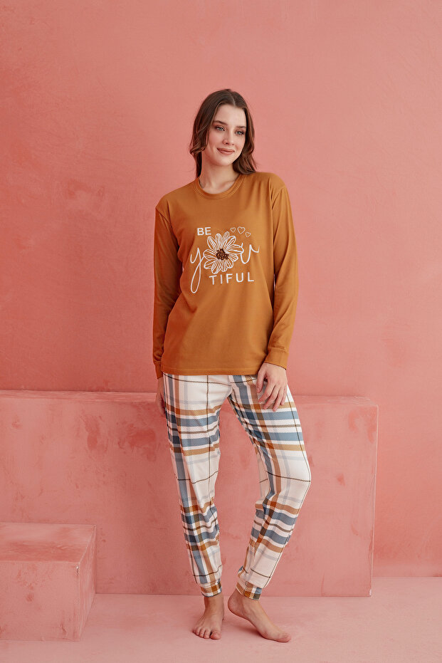 Kahverengi Beatiful Çiçek Desenli Luxury Termal Kadın Pijama Takım - 2