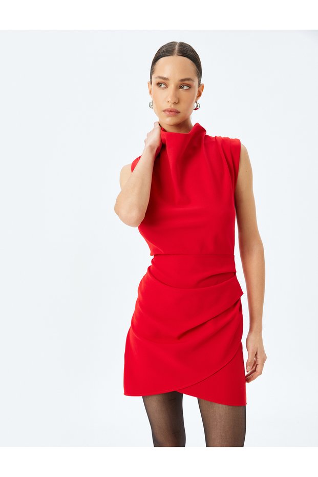 Upright Draped Neckline Draped Sleeveless Double Breasted Mini Dress