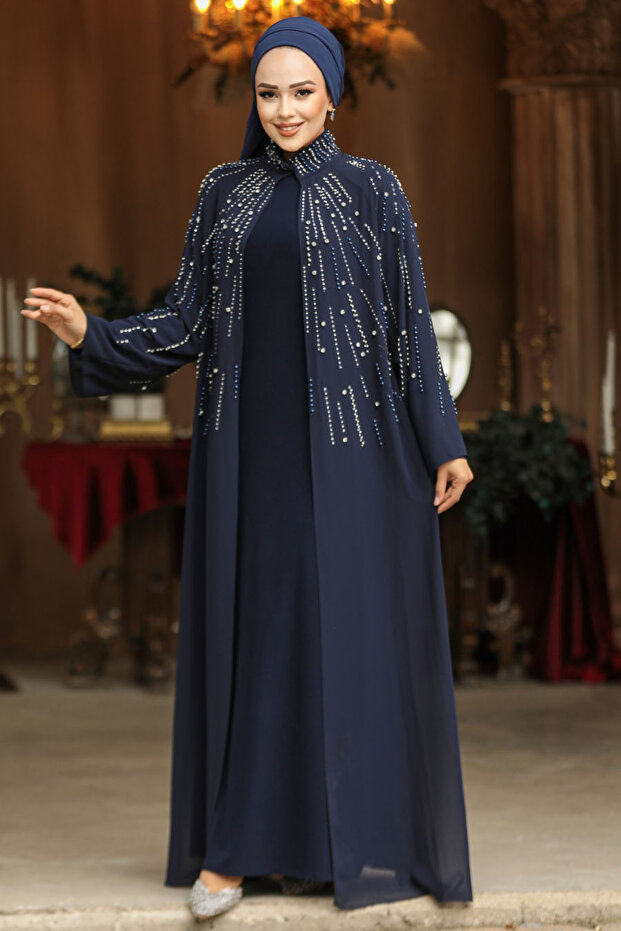 Bead Embroidered Navy Blue Hijab Abaya Suit 46151L