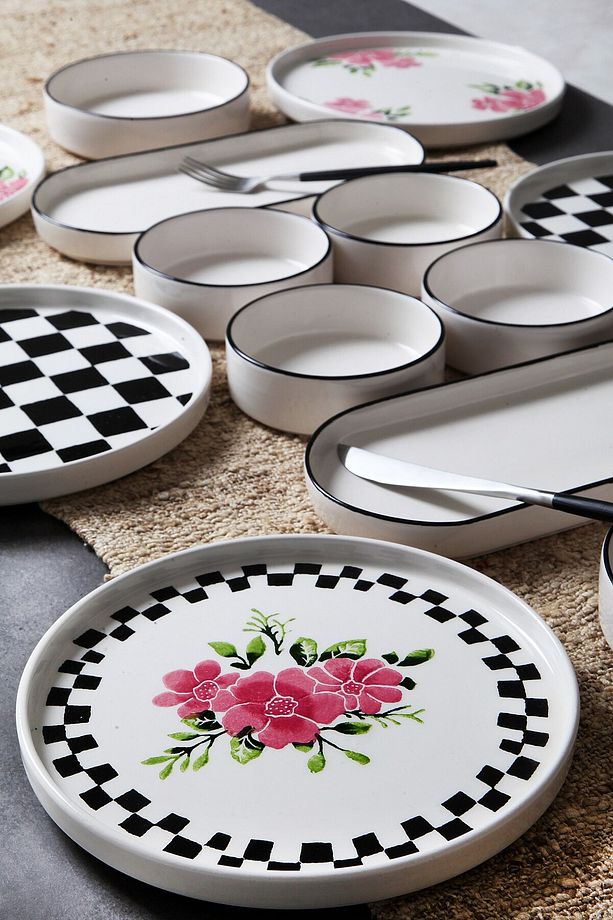 14 Parça 6 Kişilik Stackable Daci Damalı Kahvaltı Takımı - Lüx Kahvaltılık Sunum Seti Tabağı - 2