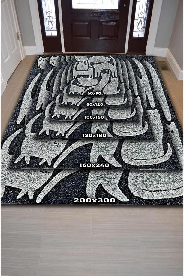 Mutlu Kediler Gri Renkli Kedi Sever Halısı Minimal Tarzlı Genç Odası Halısımodern Halı - 6