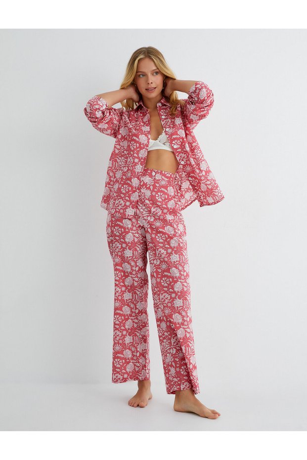 Pajama Top Long Sleeve Shirt Button Collar Cotton