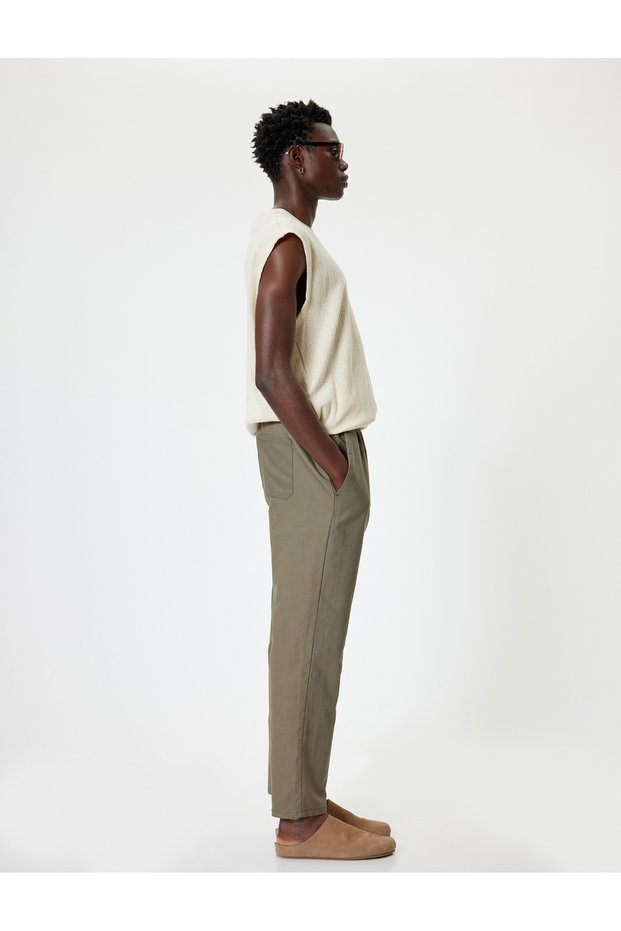 Linen Trousers with Elastic Waist and Pocket Detail