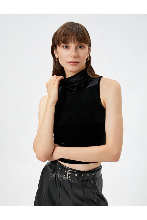 Turtleneck Blouse Crop Sleeveless Velvet