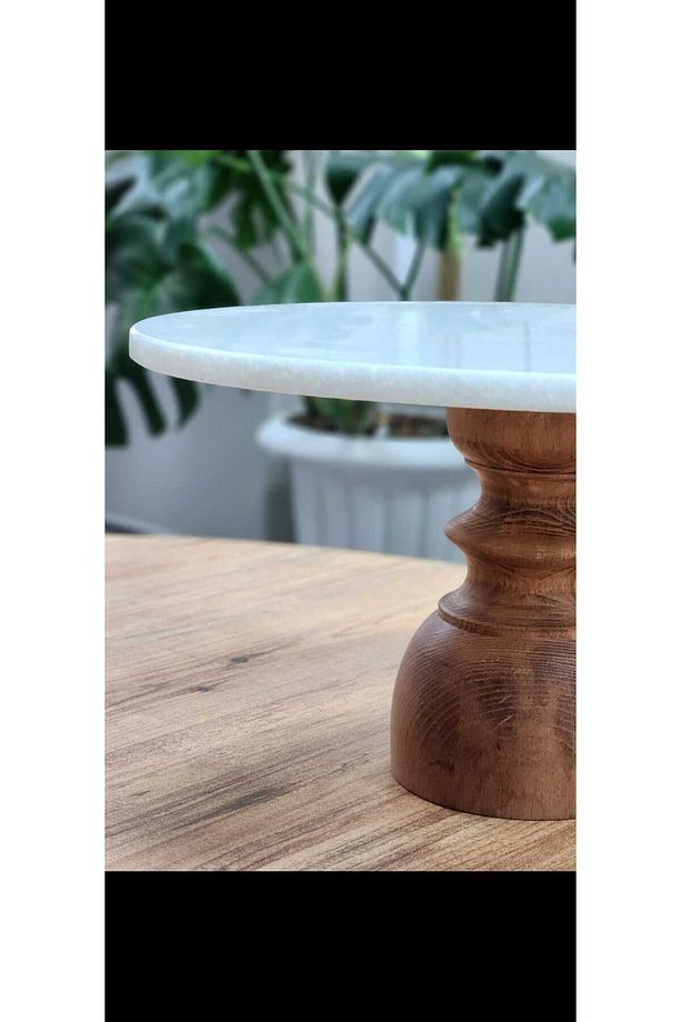 Doğal Mermer Sunumluk, Sunum Standı, Mermer Stand, Ahşap Ayaklı Sunumluk, Kek Standı 28 Cm - 3