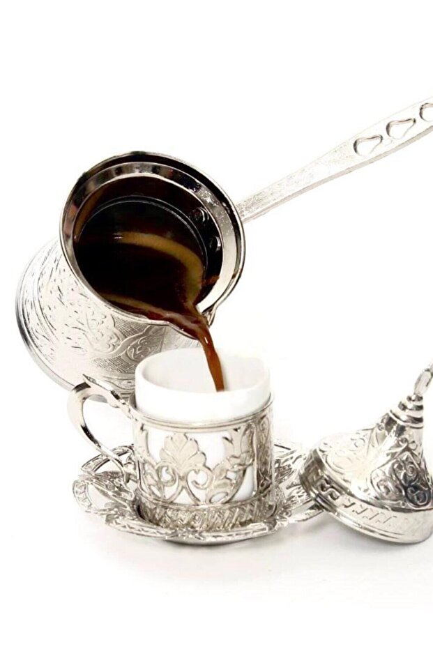 Ayvalı Cast Iron Patterned Coffee Pot Compatible with 1-Person Magnetic Stoves Silver Color