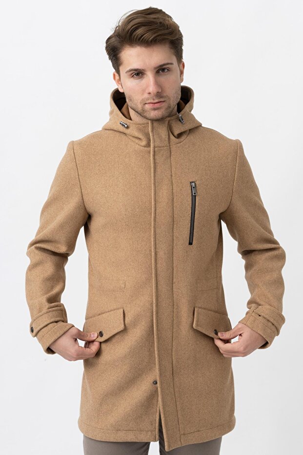 Beige Slim Fit Hooded Cashmere Coat with Zipper Closure and Pockets