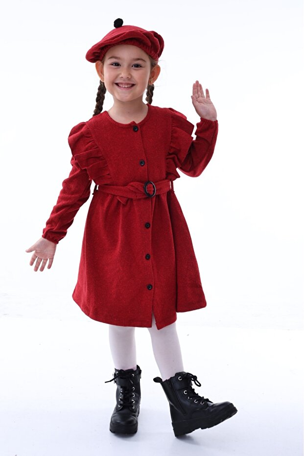 Kırçıllı Kırmızı Kız Çocuk Elbisesi (3-8 YAŞ) -şapkalı, Kemerli, Bahar Ve Bayramlık Özel Tasarım - 1