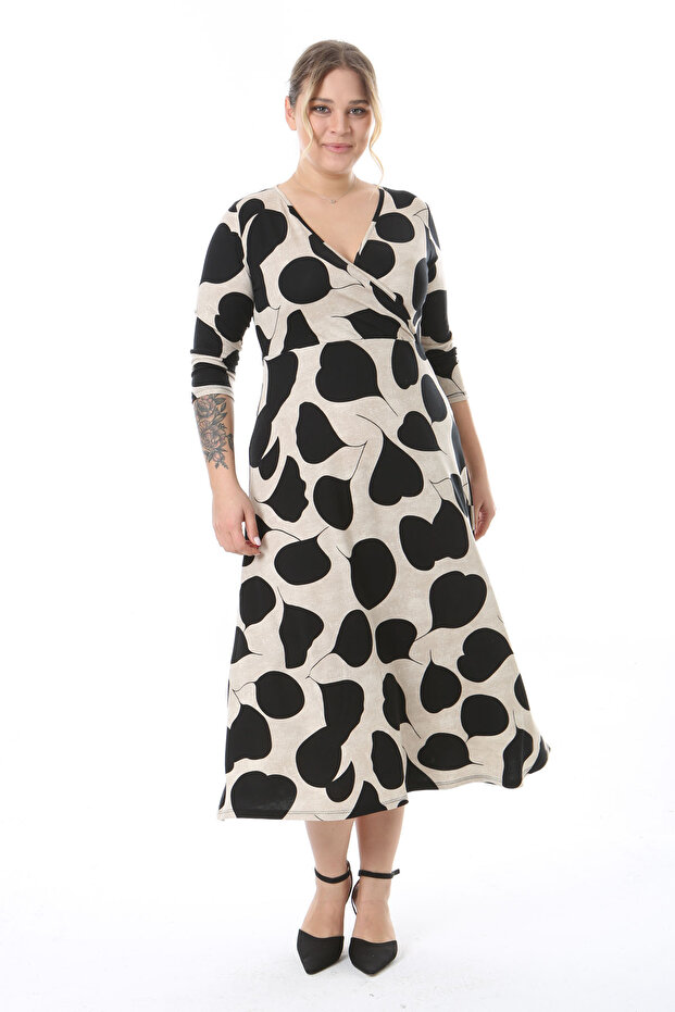 Women's Beige Black Leaf Pattern Maxi Length Double Breasted Lapel Long Sleeve Plus Size Dress