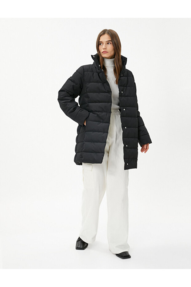 Puffer Jacket Mock Neck Snap Button Relaxed Fit