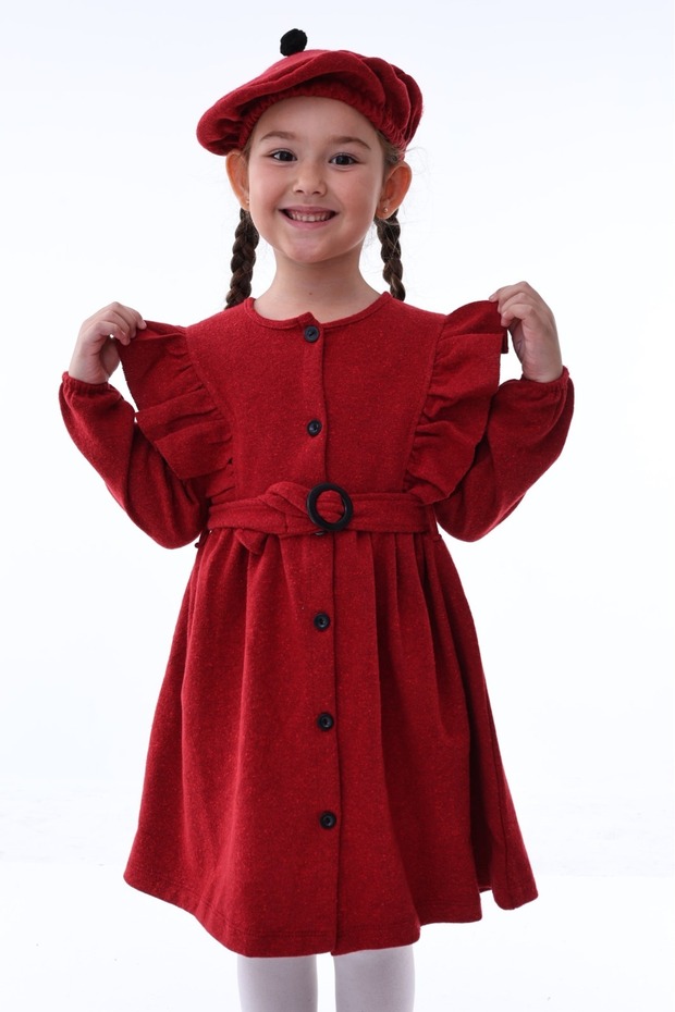 Kırçıllı Kırmızı Kız Çocuk Elbisesi (3-8 YAŞ) -şapkalı, Kemerli, Bahar Ve Bayramlık Özel Tasarım - 4