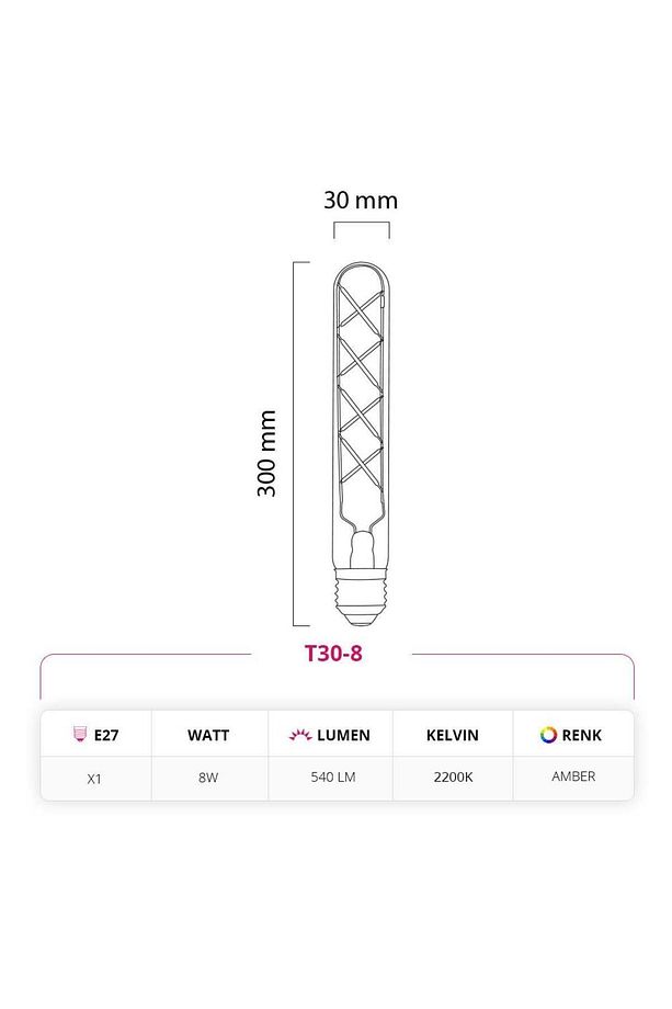 8W 220V E27 30 Cm Rustik LED Ampul T30-8 - 3