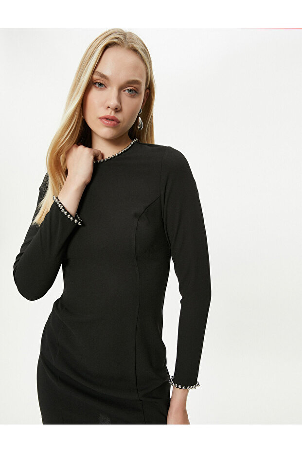 Stoned Mini Dress Long Sleeve Crew Neck - Handmade Collection
