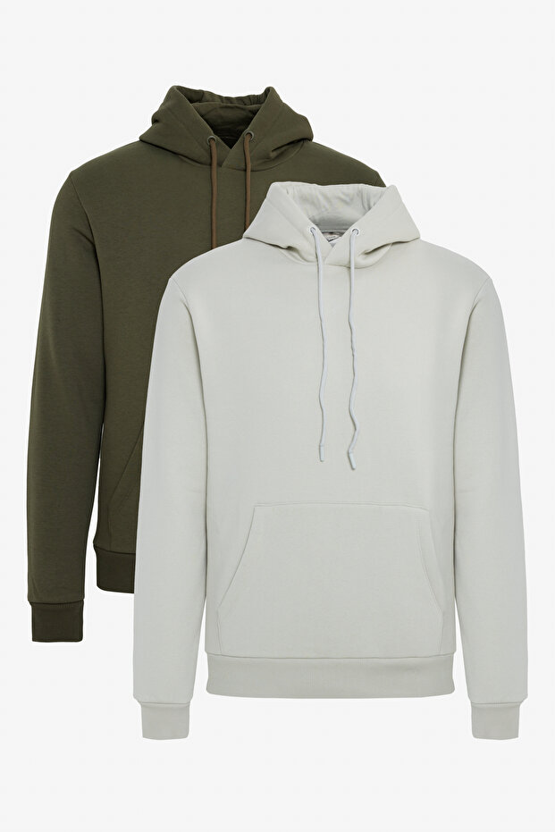 Men's Beige-Khaki 2-Pack Cotton Fleece Lined Sweatshirt Hoodie with Kangaroo Pocket Standard Fit