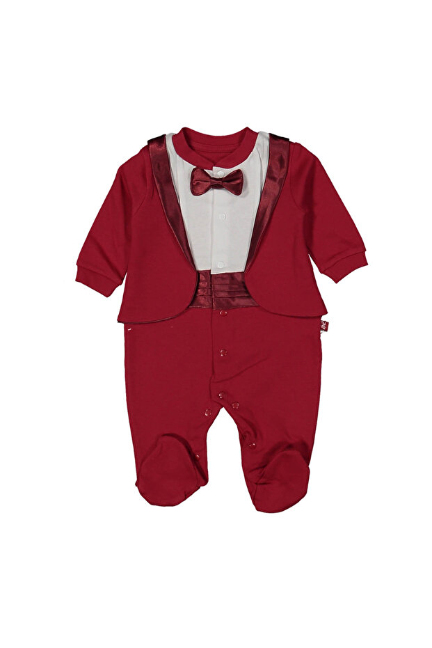 Baby Boy Burgundy Bow Tie Tuxedo Jumpsuit with Jacket