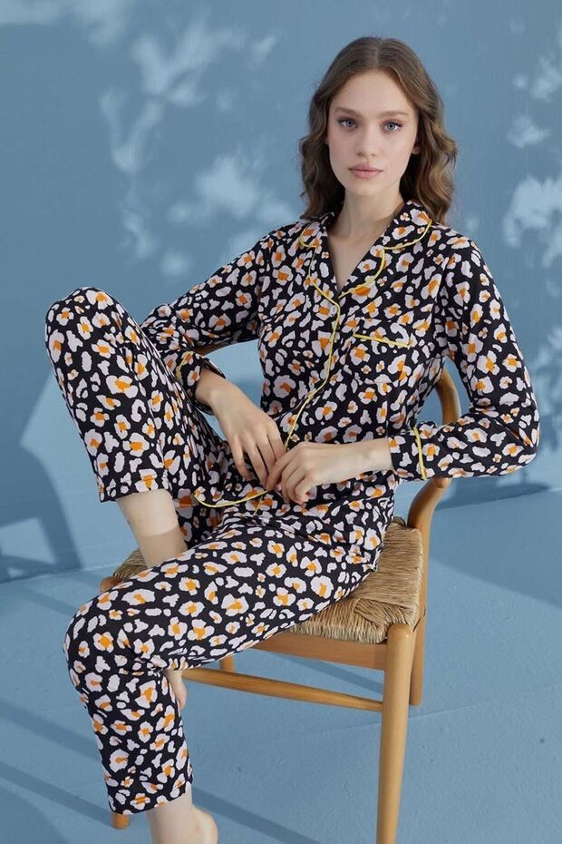 Women's 100% Cotton Black Floral Patterned Shirt Collar Buttoned Long Sleeve Pajama Set