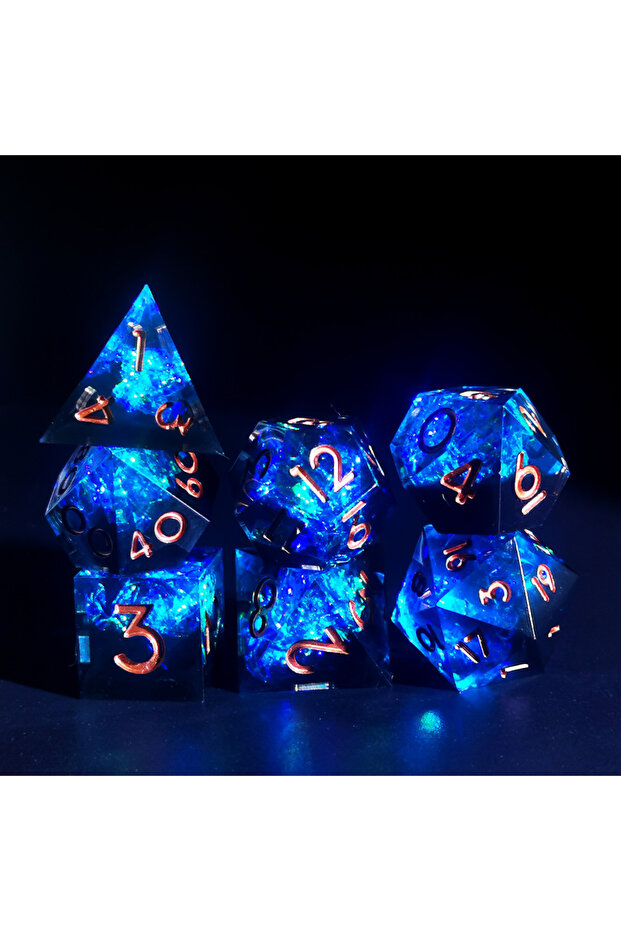 Blue Handmade Sharp Edge Resin DnD Dice Set - 7-Piece Polyhedral Dice in Mystic Blue for Tabletop RP